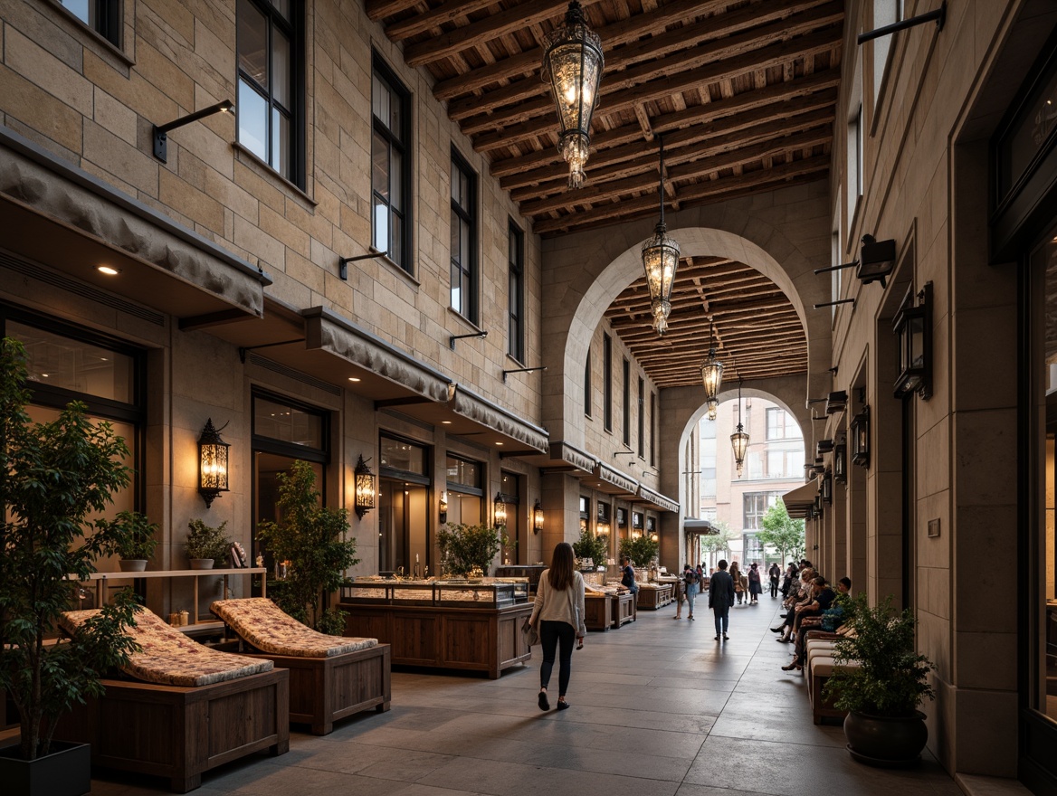 Prompt: Elegant marketplace, ornate facades, classic stone walls, rustic wooden beams, vintage lanterns, metal chandeliers, crystal pendants, bronze sconces, decorative cornices, soft warm glow, natural daylight, high ceilings, grand archways, rich textiles, subtle color palette, refined architectural details, symmetrical composition, realistic materials, ambient occlusion.