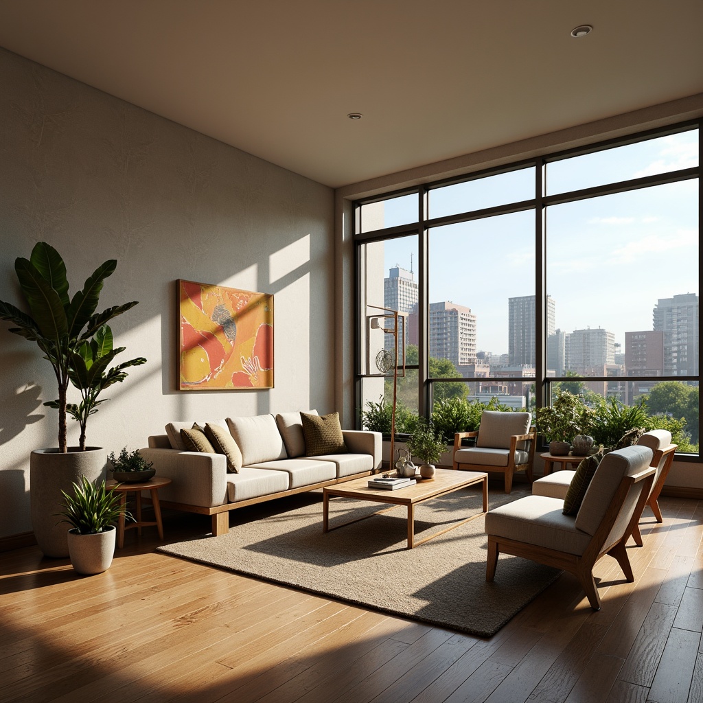 Prompt: Cozy living room, plush sofa, wooden coffee table, comfortable armchairs, soft cushions, warm lighting, natural textiles, rustic wooden floors, modern minimalist decor, greenery accents, vibrant artwork, floor-to-ceiling windows, cityscape views, 1/1 composition, realistic shadows, ambient occlusion.