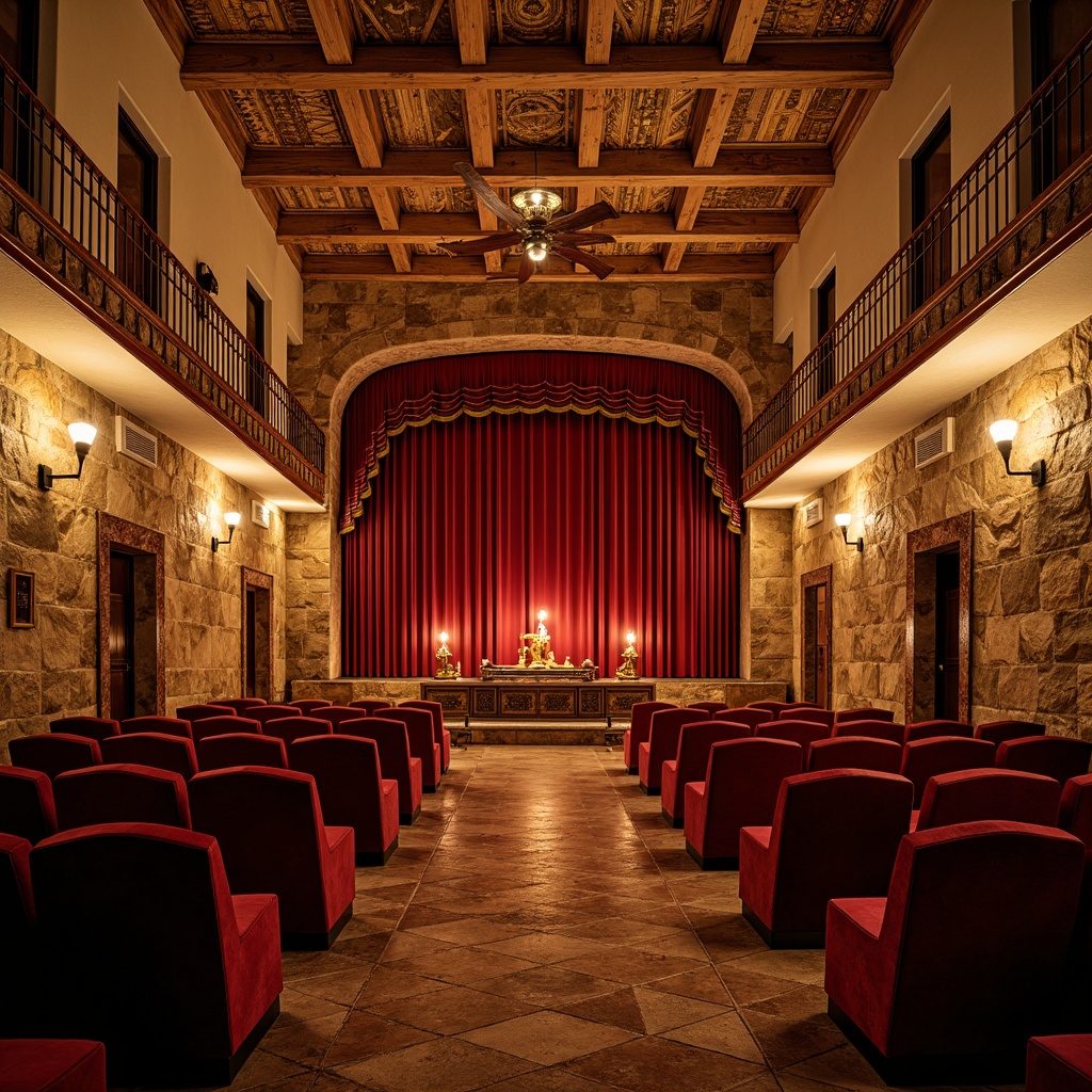 Prompt: Intimate Mediterranean-style theater, rustic stone walls, ornate wooden ceiling, warm golden lighting, plush velvet seats, curved rows, aisle carpets, decorative railings, grand stage, crimson curtains, gilded accents, intricate mosaics, terracotta flooring, aromatic candles, soft background music, 1/2 composition, shallow depth of field, warm color palette, realistic textures.