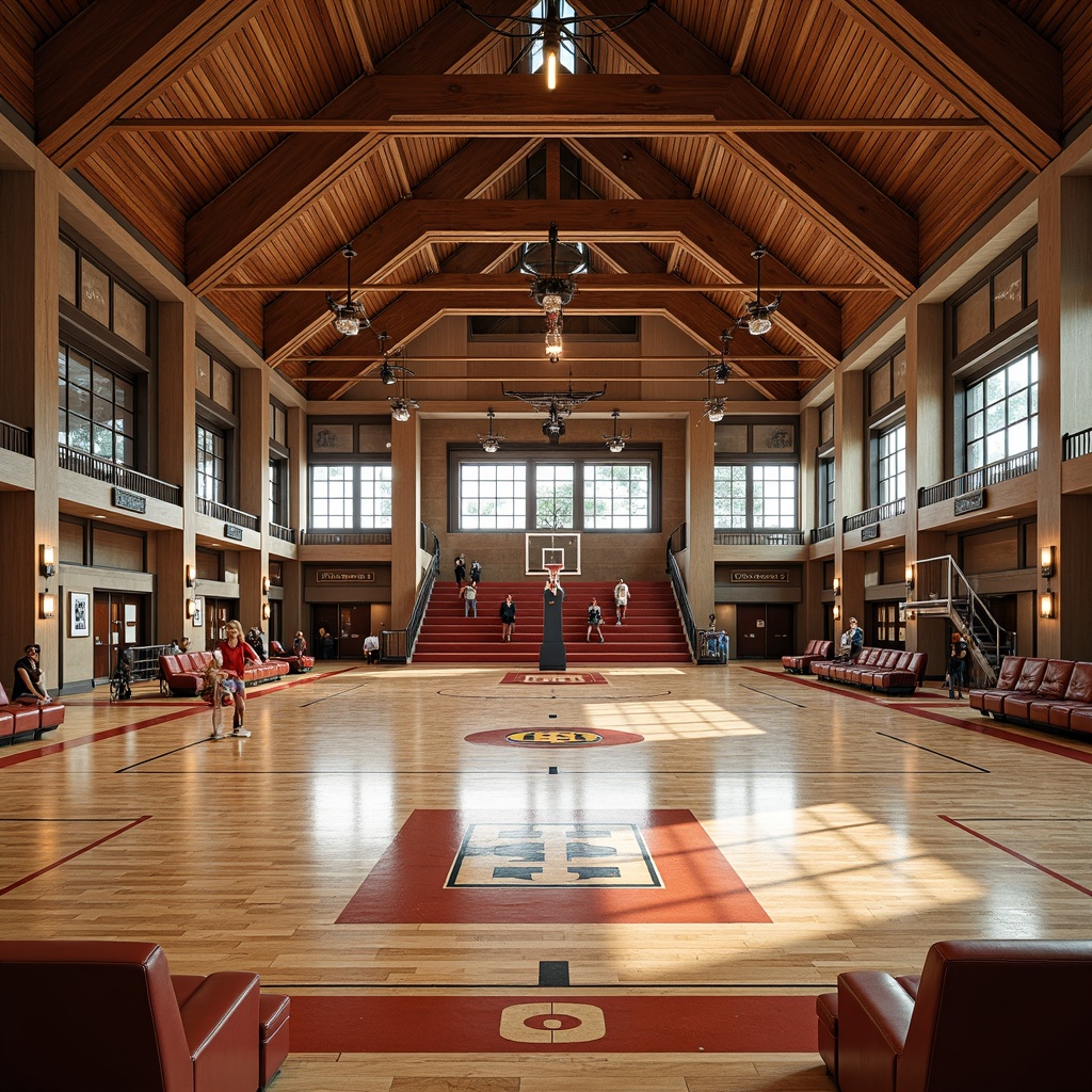 Prompt: \Grand gymnasium, renaissance-inspired architecture, ornate wooden flooring, polished maple wood, intricate inlays, border patterns, athletic equipment, basketball hoops, volleyball nets, spectator seating, luxurious carpeted areas, richly colored walls, high ceilings, large windows, natural light, soft warm lighting, shallow depth of field, 3/4 composition, panoramic view, realistic textures, ambient occlusion.\Let me know if this meets your expectations!