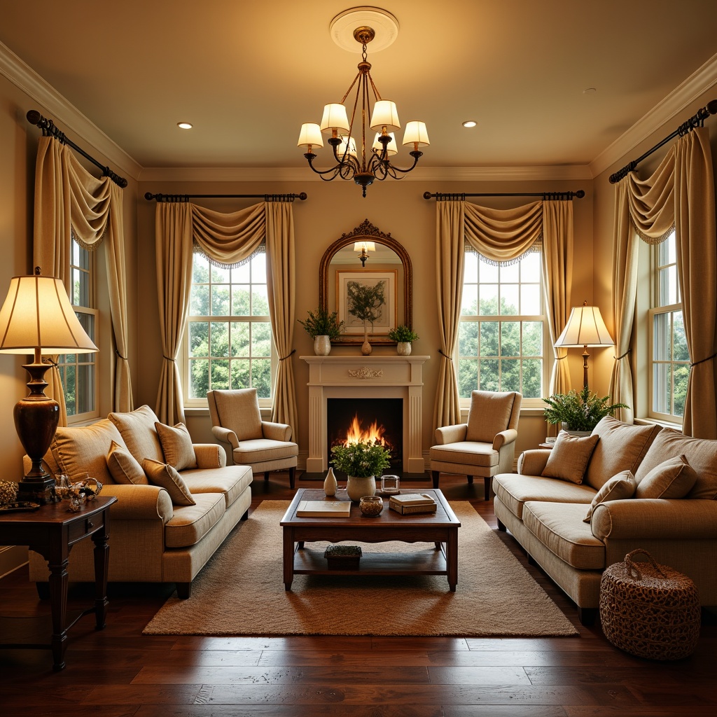 Prompt: Cozy traditional family room, warm beige walls, rich wooden flooring, plush comfortable sofas, accent chairs, wooden coffee tables, vintage decorative items, soft cream-colored curtains, elegant chandeliers, warm yellow lighting, intimate seating areas, conversational furniture layout, 2/3 composition, shallow depth of field, warm and inviting atmosphere.