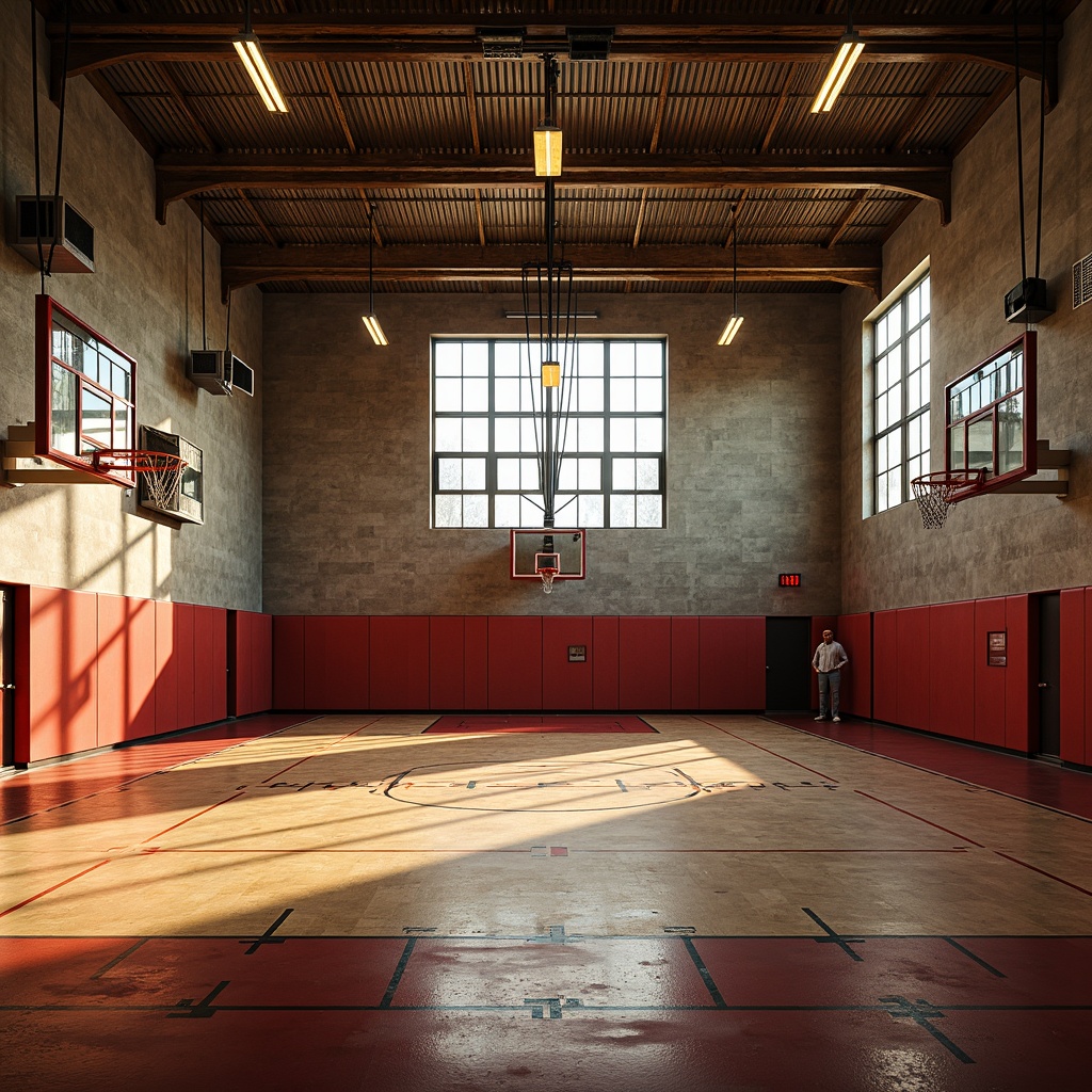 Prompt: Vibrant gymnasium interior, bold expressionist architecture, high-contrast lighting, dramatic shadows, warm color tones, textured concrete walls, metallic beams, abstract geometric patterns, dynamic sports equipment, basketball hoops, tennis nets, running tracks, suspended lighting fixtures, industrial-style lamps, diffused ambient light, softbox illumination, 1/2 composition, cinematic framing, realistic reflections, detailed textures.