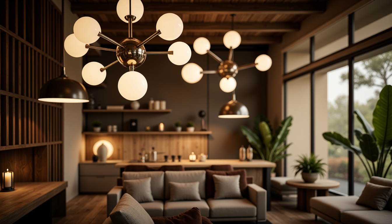 Prompt: Mid-century modern interior, retro-inspired lighting fixtures, sputnik chandeliers, globe pendants, atomic lamps, minimalist table lamps, sleek metal shades, warm ambient glow, soft diffused light, natural wood accents, earthy color palette, organic textures, geometric patterns, 3/4 composition, shallow depth of field, realistic render, atmospheric lighting.