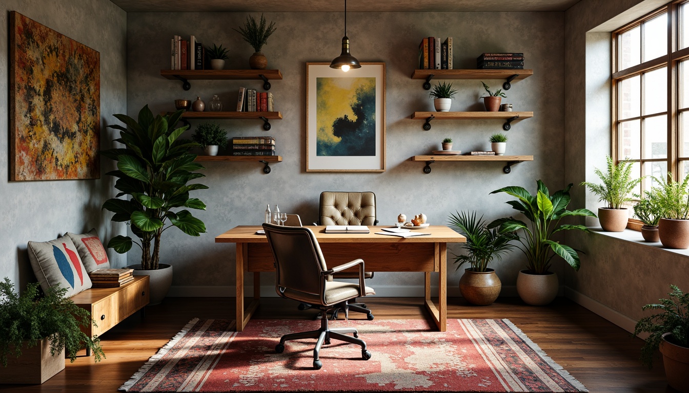 Prompt: Eclectic home office, vintage wooden desk, distressed metal chair, reclaimed wood shelves, colorful rug, abstract artwork, industrial pendant lighting, potted plants, natural textiles, earthy tones, warm cozy atmosphere, soft diffused lighting, shallow depth of field, 1/1 composition, realistic textures, ambient occlusion.