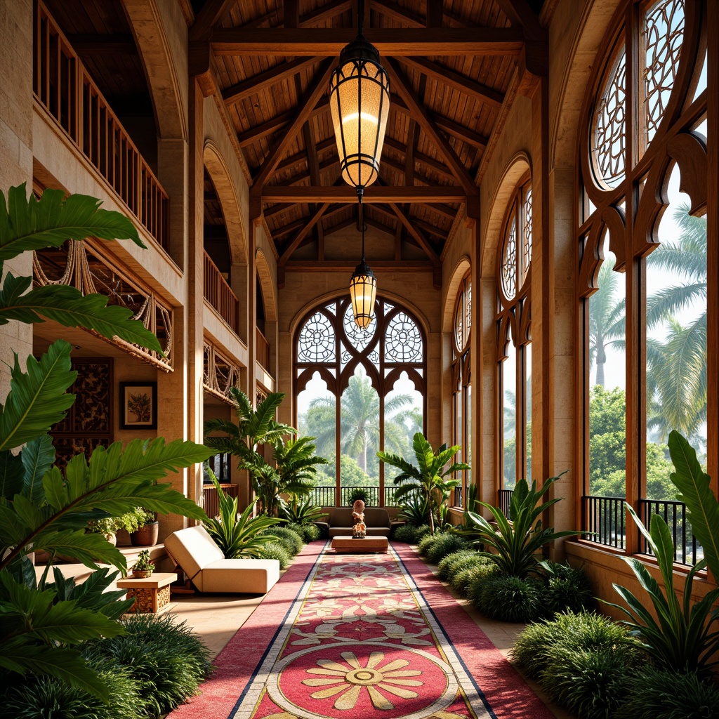 Prompt: Vaulted ceilings, ornate wooden beams, warm golden lighting, stained glass windows, vibrant tropical flowers, lush greenery, palm trees, natural stone walls, rustic wood accents, intricate carvings, colorful textile patterns, woven bamboo elements, ethnic-inspired motifs, soft diffused light, shallow depth of field, 1/1 composition, realistic textures, ambient occlusion.