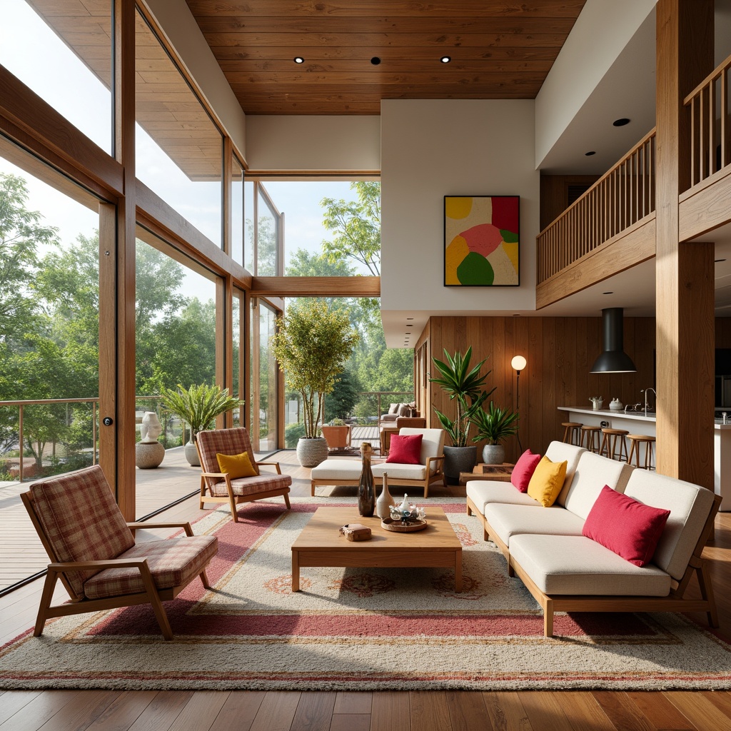 Prompt: Mid-century modern living room, sleek wooden furniture, geometric patterns, vibrant colorful accents, natural textiles, open floor plan, large windows, sliding glass doors, abundant natural light, minimalist decor, functional storage solutions, retro-inspired lighting fixtures, statement piece artwork, plush area rugs, organic shaped decorative elements, warm earthy color palette, 1/1 composition, softbox lighting, realistic wood grain textures.