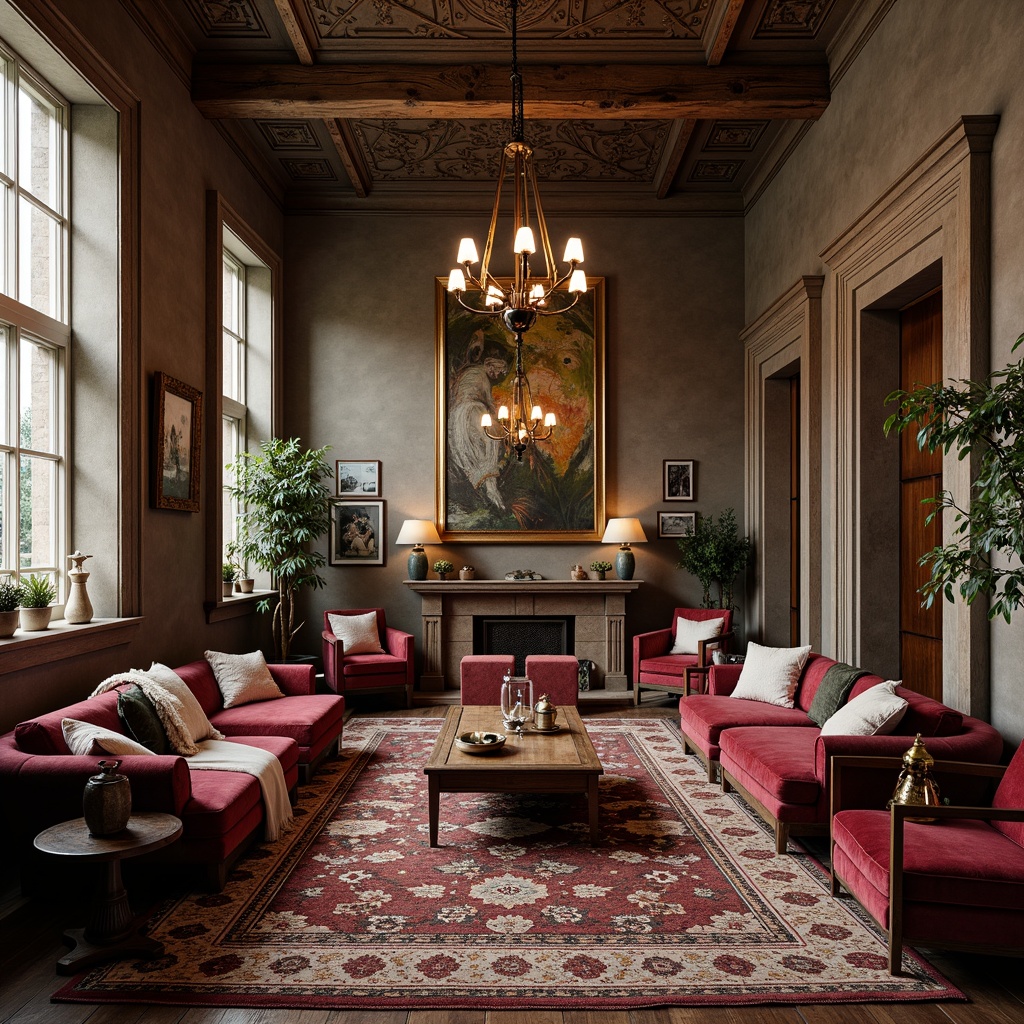 Prompt: Richly ornamented interior, luxurious velvet upholstery, intricately patterned rugs, distressed wooden accents, reclaimed wood flooring, natural stone walls, rustic metal fixtures, earthy color palette, warm ambient lighting, softbox illumination, 3/4 composition, shallow depth of field, realistic textures, ambient occlusion.