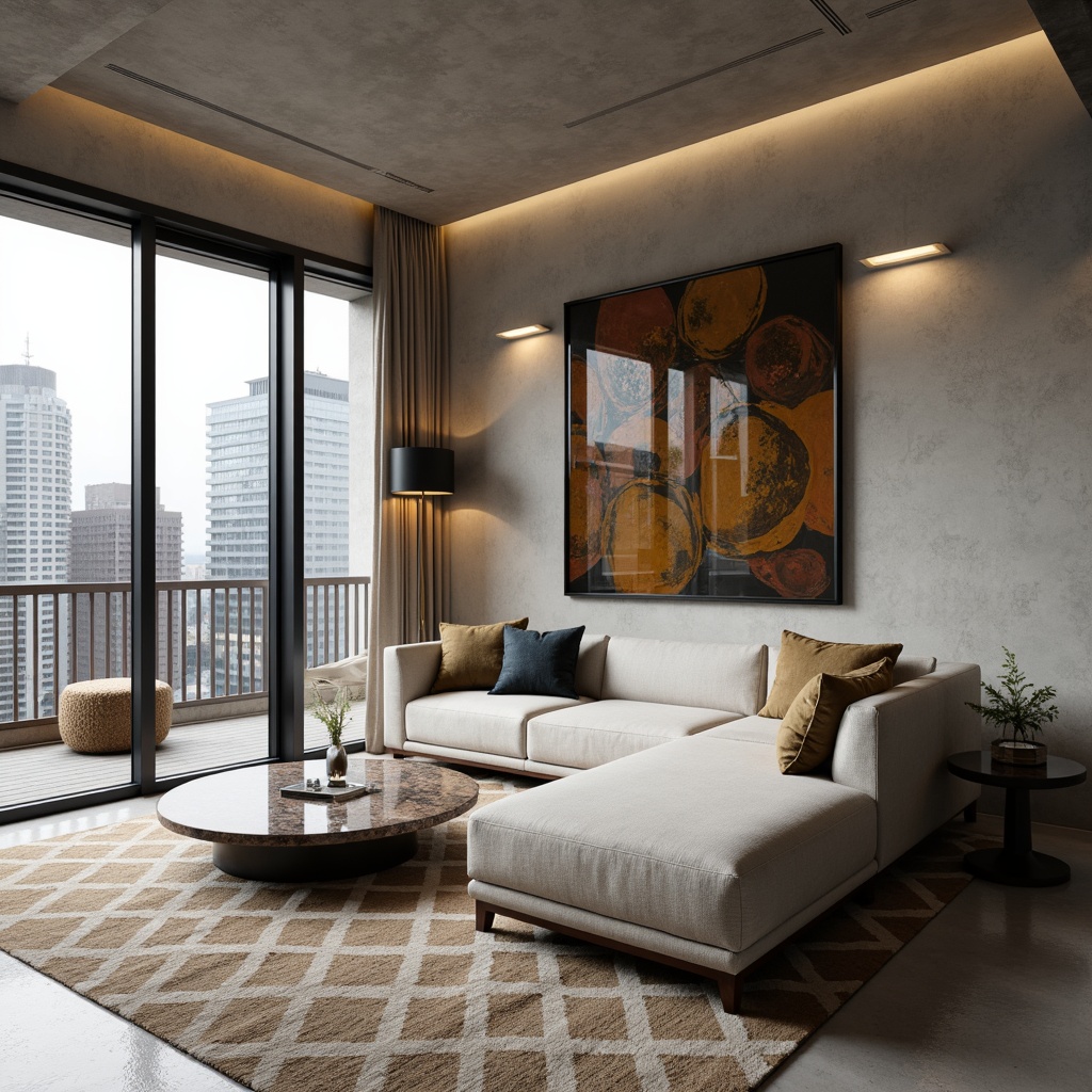 Prompt: Modern living room, sleek sofa, abstract artwork, marble coffee table, floor-to-ceiling windows, natural light, urban cityscape view, concrete floors, geometric patterned rug, minimalist decor, metallic accents, bold colored walls, luxurious fabrics, velvet textures, linen upholstery, subtle sheen, matte finishes, industrial chic vibe, Scandinavian-inspired aesthetic, low-key color palette, 1/1 composition, softbox lighting, realistic rendering.