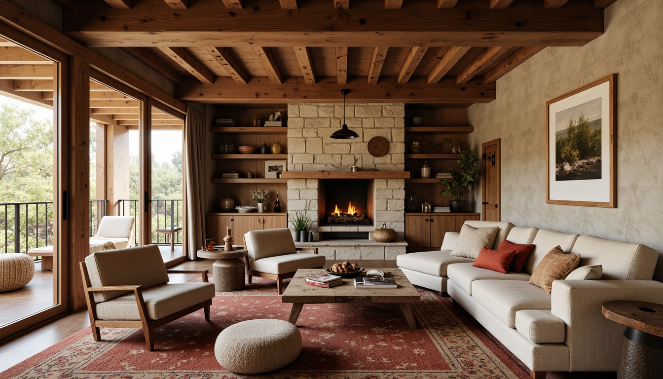 Prompt: Earthy cabin, wooden accents, natural stone walls, cozy fireplace, plush furnishings, woven textiles, warm beige tones, soft creamy whites, rich terracotta reds, earthy brown hues, organic shapes, rustic metal fixtures, ambient soft lighting, shallow depth of field, 1/1 composition, inviting atmosphere, realistic wood grain textures.