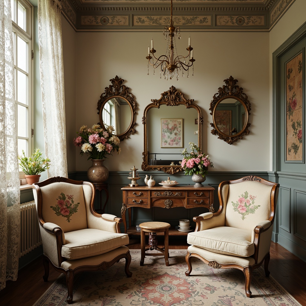 Prompt: Distressed wooden furniture, vintage decor, soft pastel colors, lace drapes, floral patterns, ornate mirrors, rustic metal frames, plush velvet upholstery, antique accessories, worn leather armchairs, natural linen fabrics, distressed finishes, elegant chandeliers, warm candlelight, romantic ambiance, 1/1 composition, soft focus, warm color palette.