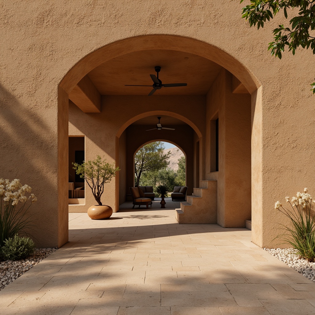 Prompt: Earthy rammed earth wall, natural textures, organic patterns, rustic tones, earthy brown colors, sandy undertones, rough stone foundations, curved arches, irregular shapes, sustainable materials, eco-friendly design, natural light, soft warm shadows, 1/1 composition, shallow depth of field, realistic rendering.