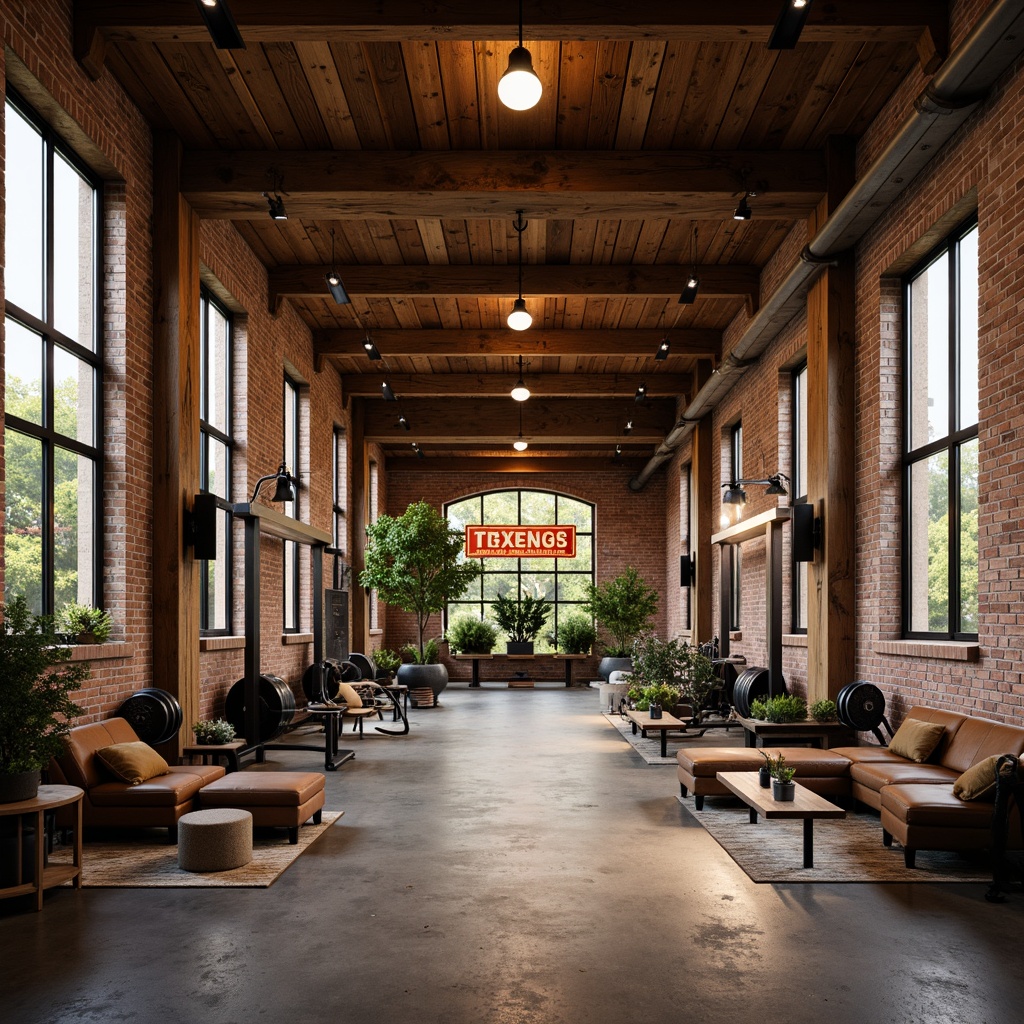 Prompt: Rustic fitness club, earthy color palette, reclaimed wood accents, distressed metal equipment, industrial-style lighting, exposed brick walls, polished concrete floors, natural stone details, wooden beam ceilings, vintage-inspired signage, rich leather upholstery, warm ambient lighting, shallow depth of field, 3/4 composition, panoramic view, realistic textures, ambient occlusion.