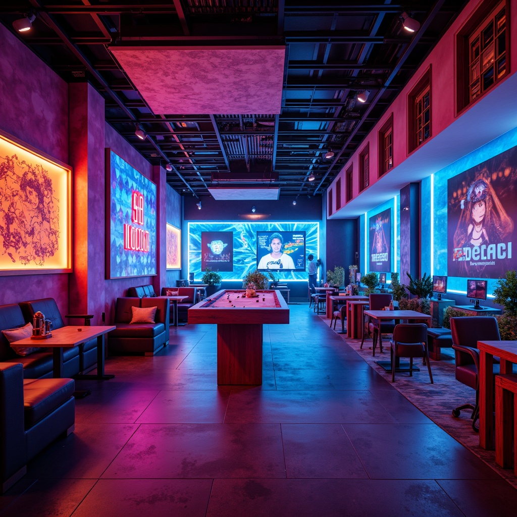 Prompt: Vibrant game room, bold color schemes, abstract patterns, futuristic furniture, neon-lit accents, glowing LED lights, ambient luminescence, dramatic shadows, expressive textures, avant-garde decor, dynamic lighting effects, strobe-like flashes, moody atmosphere, eerie glow, 3D-like visuals, high-contrast ratios, cinematic composition, wide-angle lenses, low-key lighting, mysterious ambiance.