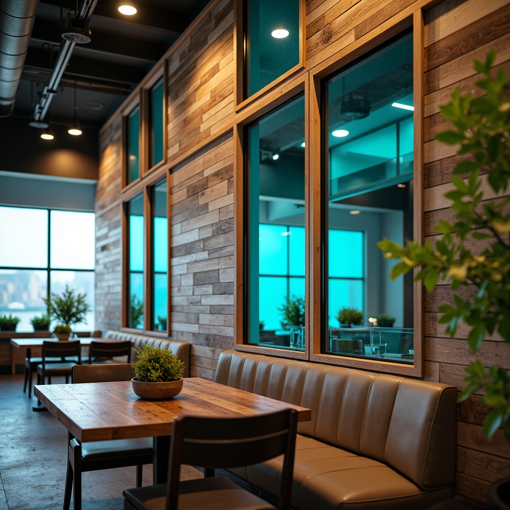 Prompt: Luxurious accent wall, bold geometric patterns, metallic silver finish, rich wood grain texture, sleek glass panels, modern LED lighting, urban loft atmosphere, industrial chic decor, reclaimed wooden planks, distressed metal accents, vibrant turquoise hues, soft warm glow, shallow depth of field, 1/2 composition, realistic reflections, ambient occlusion.