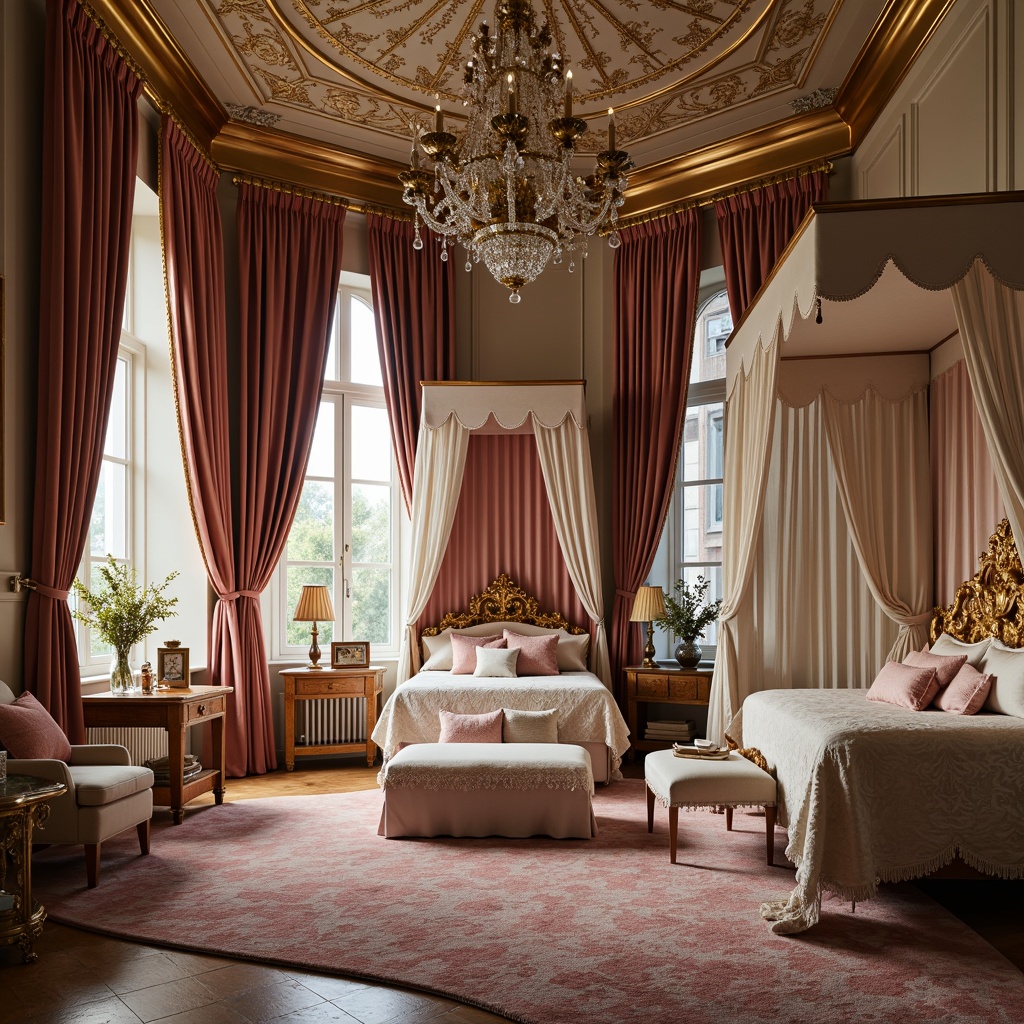 Prompt: Opulent velvet drapes, soft plush carpets, ornate golden cribs, luxurious silk bedding, delicate lace canopies, rich brocade fabrics, comfortable oversized pillows, gentle pastel colors, intricate wooden furniture, ornamental mirrors, crystal chandeliers, warm candlelight, cozy reading nooks, serene peaceful ambiance, shallow depth of field, 1/1 composition, soft focus effect.