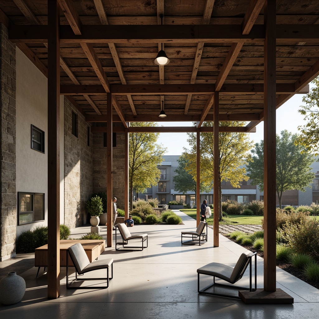 Prompt: Rustic memorial center, exposed steel beams, weathered wooden accents, industrial chic decor, distressed concrete floors, minimalist metal chairs, solemn ambiance, soft natural lighting, subtle shadows, dramatic ceiling heights, urban landscape views, remembrance gardens, contemplative water features, abstract sculptures, muted color palette, rough-hewn stone walls, reclaimed wood textures, historic photographs, subtle nostalgic atmosphere, cinematic 2.35