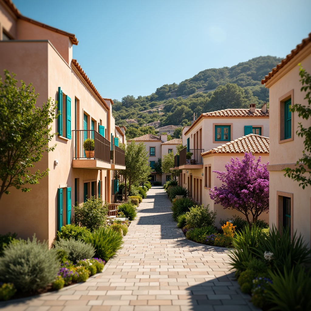 Prompt: Vibrant Mediterranean village, warm beige buildings, turquoise accents, bright coral shutters, rustic terracotta roofs, lush green olive trees, blooming purple bougainvillea, sunny day, clear blue sky, soft warm lighting, shallow depth of field, 3/4 composition, panoramic view, realistic textures, ambient occlusion.