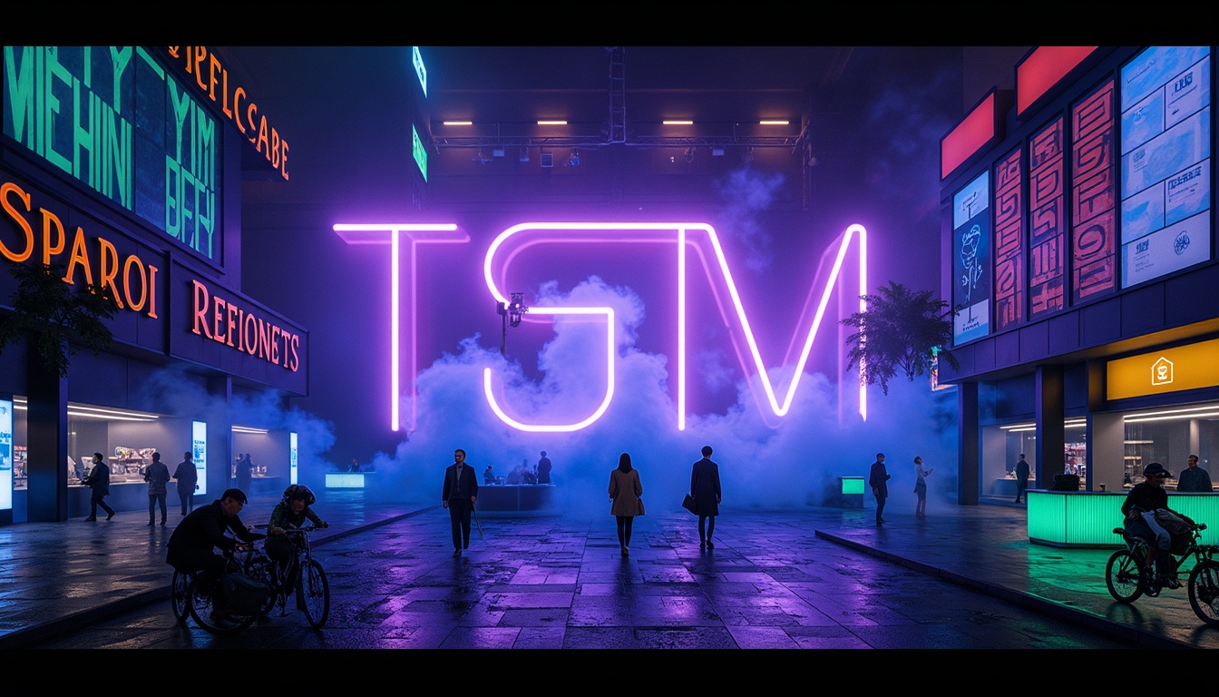 Prompt: Vibrant digital illustration, futuristic neon lights, glowing accents, bold typography, abstract shapes, dark blues, electric purples, lime greens, metallic silvers, high-contrast colors, 3D visual effects, atmospheric mist, soft focus blur, cinematic composition, realistic textures, ambient occlusion.