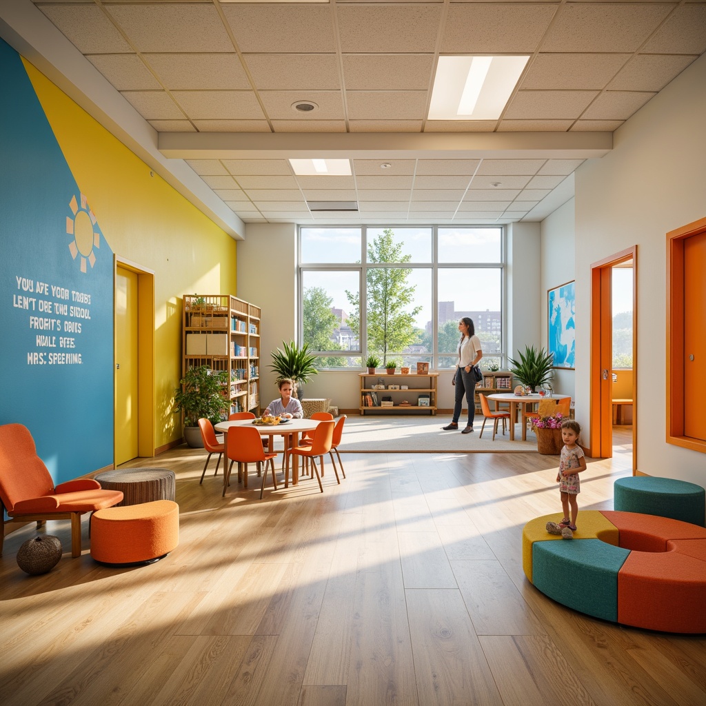 Prompt: Vibrant elementary school, bright corridors, playful color scheme, warm yellow walls, soft blue accents, energetic orange tones, creamy white ceilings, natural wood flooring, educational murals, inspiring quotes, modern furniture, collaborative learning spaces, cozy reading nooks, stimulating classroom environments, abundant natural light, gentle shade, 1/2 composition, soft focus, realistic textures.