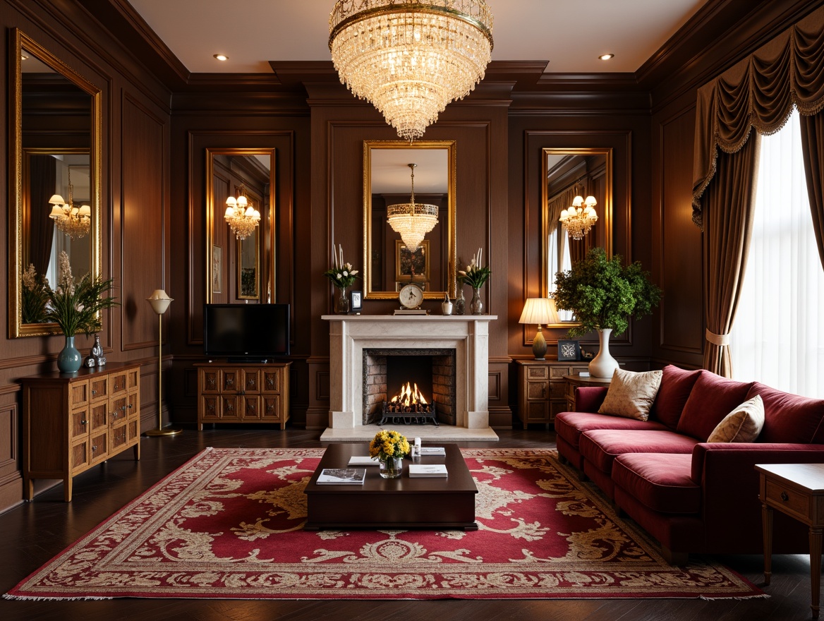 Prompt: Luxurious living room, ornate golden frames, rich velvet fabrics, plush area rugs, elegant crystal chandeliers, sophisticated marble fireplaces, refined wooden wall panels, intricate moldings, lavish drapery, opulent furnishings, warm ambient lighting, soft focus blur, 1/2 composition, atmospheric perspective, realistic reflections.