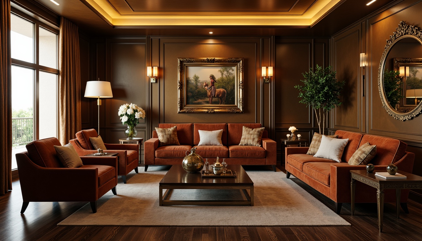 Prompt: Luxurious living room, bronze accent walls, dark wood flooring, velvet sofas, bronze-legged coffee tables, ornate bronze vases, rich brown leather armchairs, metallic bronze picture frames, intricate bronze mirror frames, floor-to-ceiling bronze drapery rods, warm golden lighting, shallow depth of field, 1/1 composition, realistic textures, ambient occlusion.