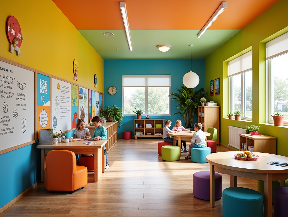 Prompt: Vibrant elementary school, playful color scheme, bright yellow walls, soothing blue accents, energetic orange hues, calming greenery, interactive whiteboards, colorful learning aids, fun educational posters, stimulating classroom environment, natural light-filled corridors, wooden flooring, modern furniture design, circular tables, collaborative seating arrangements, creative art displays, inspiring quotes, cheerful atmosphere, warm lighting, shallow depth of field, 1/1 composition, realistic textures.