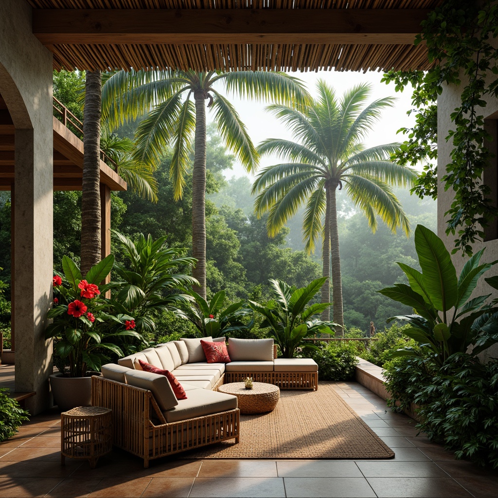 Prompt: Lush tropical rainforest, exotic palm trees, vibrant hibiscus flowers, natural stone walls, reclaimed wood accents, bamboo ceilings, woven rattan furniture, earthy tone color palette, soft diffused lighting, shallow depth of field, 1/1 composition, intimate scale, organic shapes, natural textiles, woven fibers, botanical prints, subtle patterns, warm tropical breeze, misty atmosphere, ambient sounds.