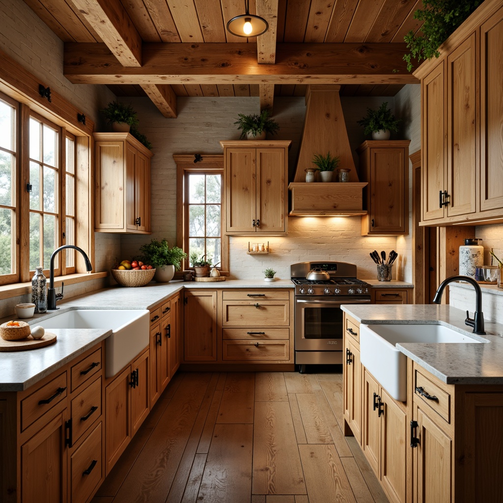 Prompt: Rustic kitchen, warm wooden cabinetry, earthy tones, natural materials, distressed finishes, ornate metal hardware, decorative corbels, raised panel doors, soft close drawers, quartz countertops, farmhouse sink, pendant lighting, exposed beams, wooden flooring, cozy atmosphere, morning sunlight, shallow depth of field, 2/3 composition, warm color palette, realistic textures.