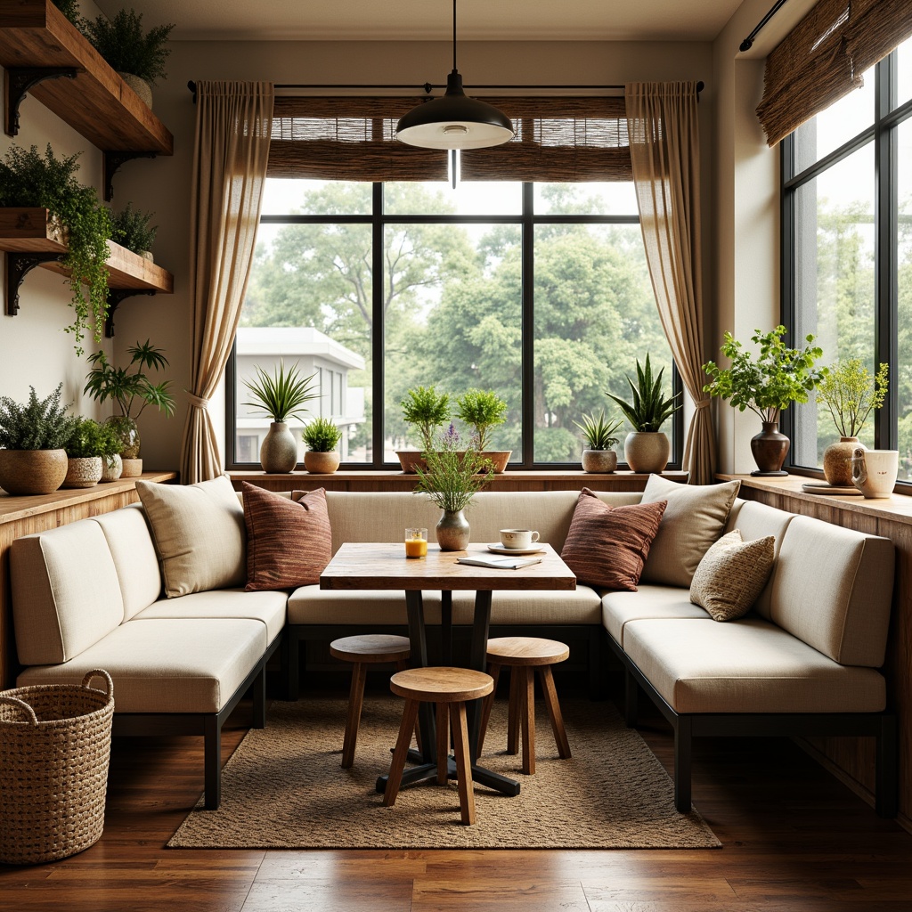 Prompt: Cozy breakfast nook, warm inviting atmosphere, soft cushions, plush throw pillows, reclaimed wood benches, rustic metal chairs, vintage-inspired stools, natural woven baskets, earthy tone ceramics, woven jute rug, greenery-filled planters, large windows, soft morning light, 1/2 composition, shallow depth of field, realistic textures.