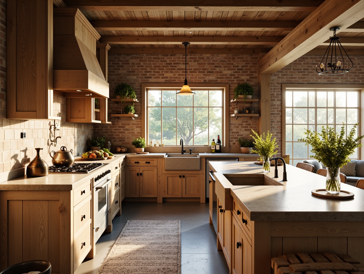 Prompt: Rustic craftsman kitchen, warm beige countertops, natural stone textures, earthy tone cabinets, wooden island, vintage metal hardware, apron-front sink, farmhouse faucet, ceramic tiles backsplash, pendant lighting fixtures, wrought iron chandeliers, exposed brick walls, wooden beams ceiling, cozy breakfast nook, warm afternoon sunlight, soft warm lighting, 1/1 composition, realistic textures, ambient occlusion.