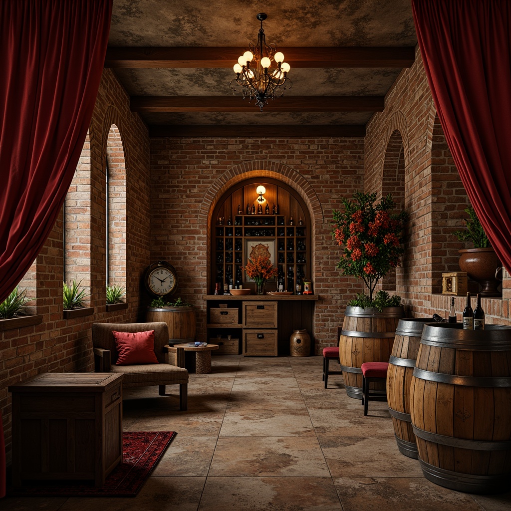 Prompt: Rustic wine cellar, distressed wooden barrels, vintage wine racks, ornate metalwork, rich velvet drapes, dim warm lighting, stone walls, brick arches, wooden crates, antique furniture, ornate chandeliers, wrought iron decorations, earthy tone color palette, natural stone flooring, aged wood accents, soft warm glow, shallow depth of field, 1/1 composition, realistic textures, ambient occlusion.