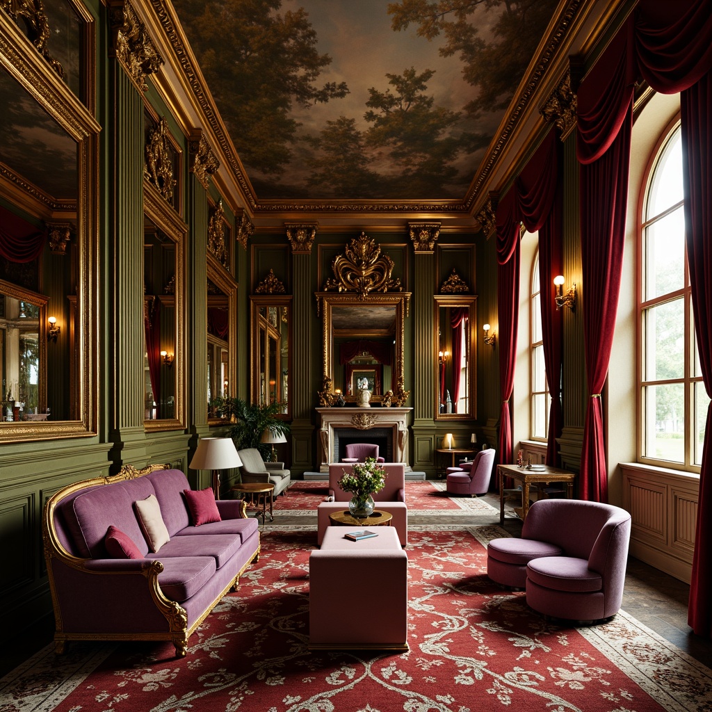 Prompt: Opulent Baroque-style interior, rich velvet fabrics, warm golden lighting, ornate mirrors, gilded frames, luxurious furnishings, intricate carvings, lavish drapery, jewel-toned colors, emerald green, sapphire blue, amethyst purple, crimson red, antique gold, soft cream accents, dramatic shadows, high contrast ratios, detailed textures, realistic reflections.