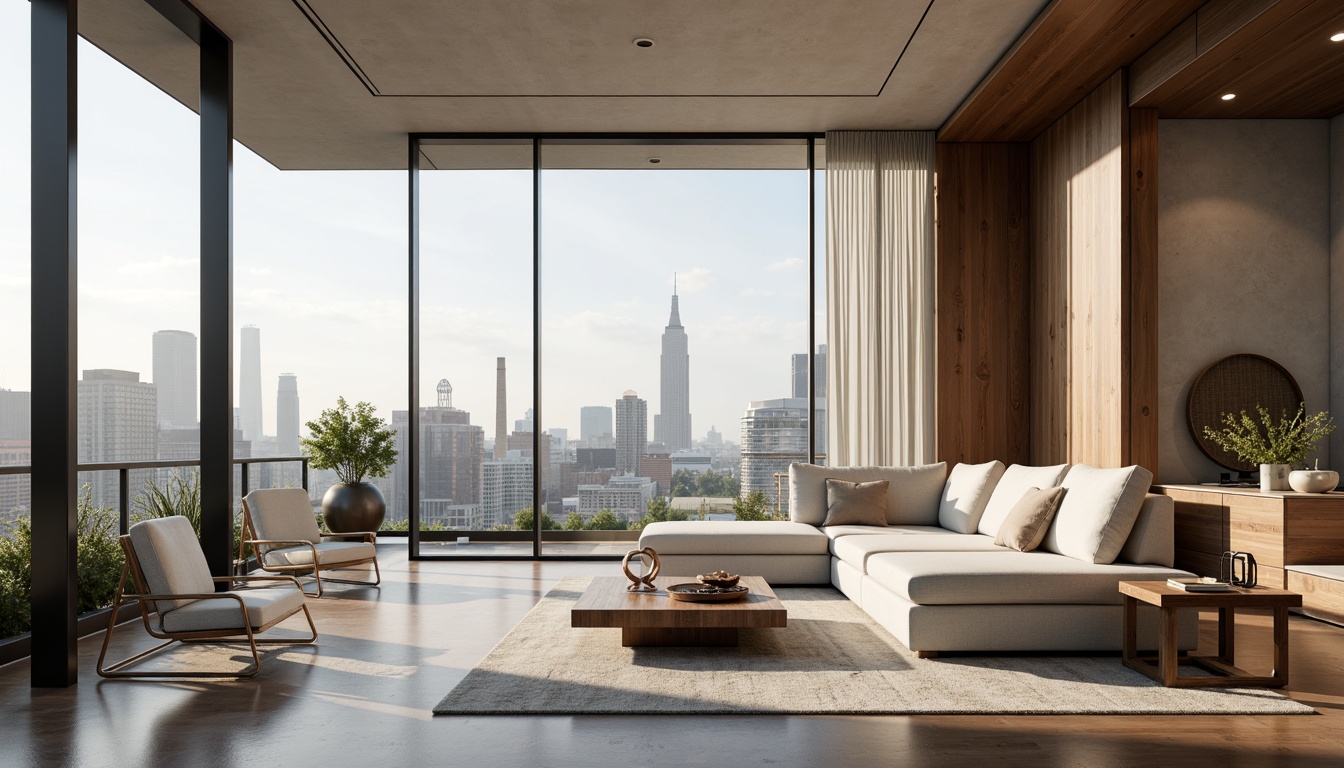 Prompt: Luxurious penthouse, modern interior design, sleek lines, minimalist decor, floor-to-ceiling windows, breathtaking city views, neutral color scheme, soft beige tones, rich wood accents, metallic chrome finishes, sophisticated grey hues, subtle texture contrasts, ambient warm lighting, shallow depth of field, 1/1 composition, realistic reflections, detailed material textures.