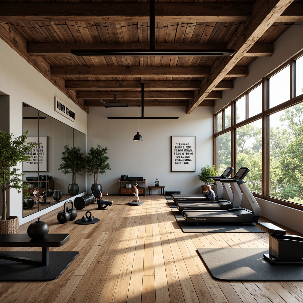 Prompt: Mid-century modern home gym, rustic wood flooring, industrial-style metal beams, large windows, natural light, minimalist decor, functional equipment layout, mirrored walls, rubber flooring, free weights, kettlebells, exercise bikes, treadmills, rowing machines, weight benches, storage racks, motivational quotes, green plants, warm color scheme, soft ambient lighting, 3/4 composition, shallow depth of field, realistic textures, ambient occlusion.