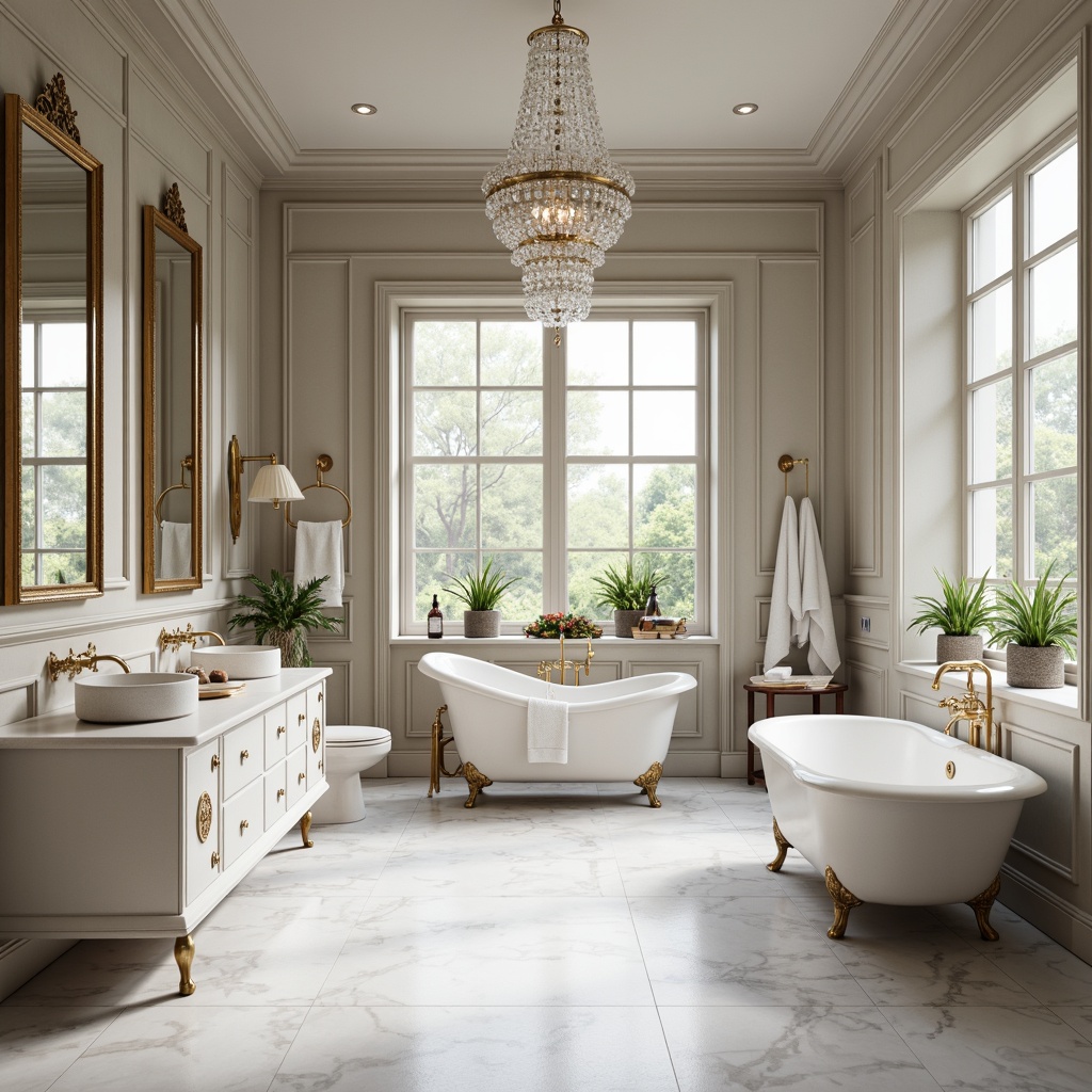 Prompt: Timeless bathroom, classicism style, marble countertops, white Carrara floors, soft gray walls, ornate mirrors, gold fixtures, crystal chandeliers, freestanding tubs, vintage faucets, decorative molding, high ceilings, large windows, natural light, warm beige tones, subtle texture contrasts, elegant simplicity, luxurious ambiance, 1/1 composition, soft focus, realistic reflections.