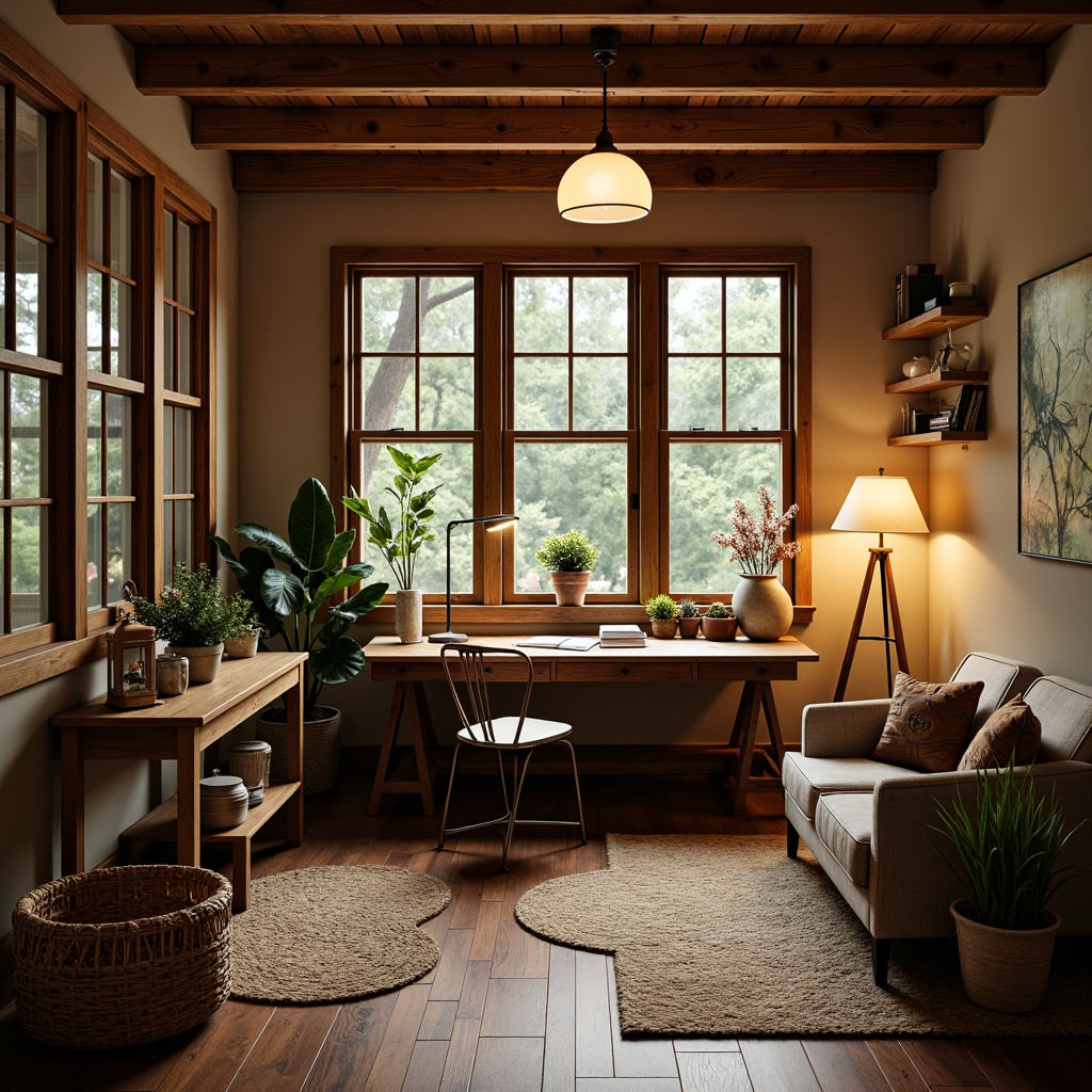 Prompt: Cozy home office, vernacular style, warm wooden furniture, earthy tones, natural textiles, softbox lighting, warm white LED lights, table lamps, floor lamps, comfortable reading nook, rustic wooden desk, vintage metal chairs, woven baskets, potted plants, large windows, soft diffused daylight, shallow depth of field, 2/3 composition, relaxed atmosphere, realistic wood grain textures, ambient occlusion.