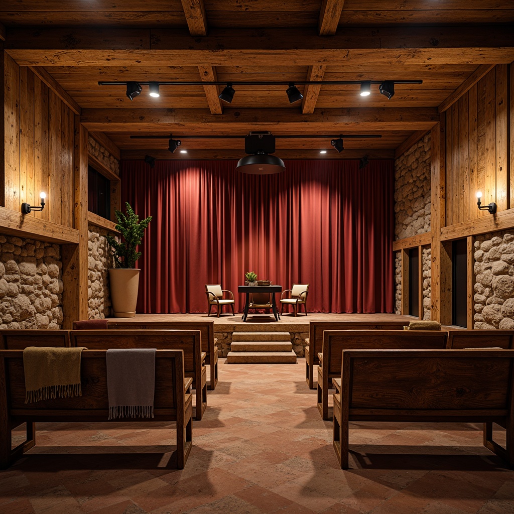 Prompt: Rustic auditorium, distressed wood accents, natural stone walls, earthy terracotta flooring, vintage wooden benches, industrial metal lighting, exposed brick ceilings, warm candlelight ambiance, intimate seating arrangement, cozy throw blankets, rich velvet curtains, softbox stage lighting, 3/4 composition, shallow depth of field, realistic textures, ambient occlusion.