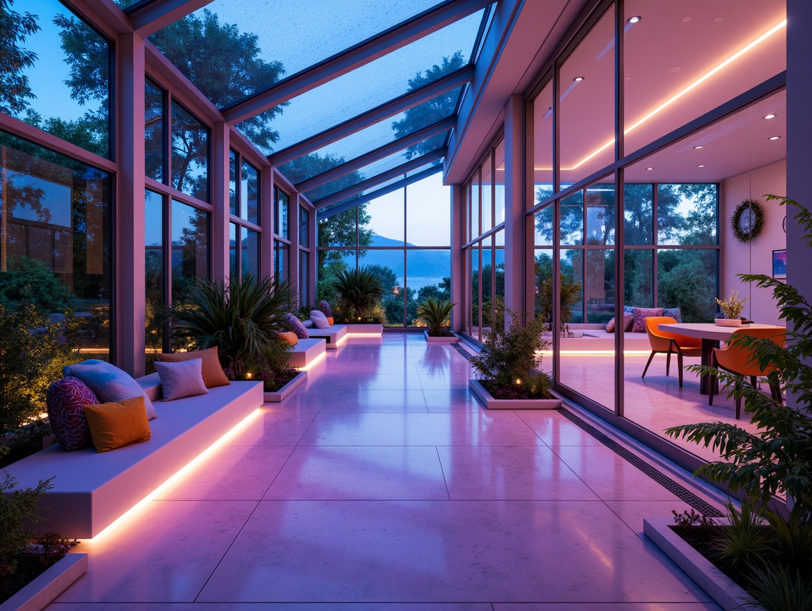 Prompt: Vibrant sunroom, futuristic architecture, sleek metal frames, floor-to-ceiling glass windows, sliding doors, radiant flooring, neon accent lights, holographic decorations, iridescent color schemes, metallic sheens, glowing LED strips, ambient lighting, 3D printed furniture, minimalist decor, space-age vibes, celestial-inspired patterns, shimmering fabrics, luminescent textures, panoramic views, soft focus blur, shallow depth of field.