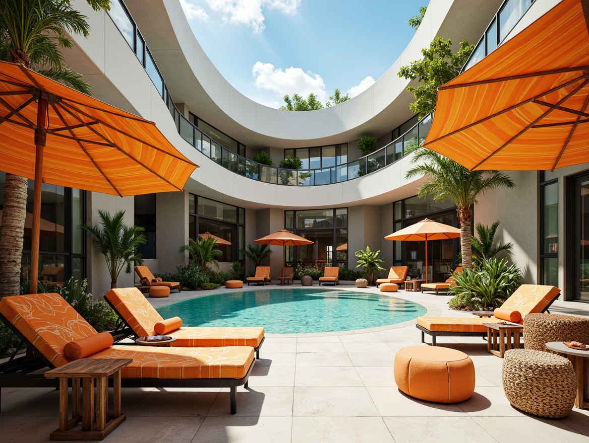 Prompt: Retro-futuristic poolside scene, curved lines, bold color blocking, eclectic furniture mix, sleek lounge chairs, rounded ottomans, abstract patterned umbrellas, distressed wood accents, ornate metal decorations, vibrant turquoise water, sunny afternoon, soft warm lighting, shallow depth of field, 3/4 composition, panoramic view, realistic textures, ambient occlusion.