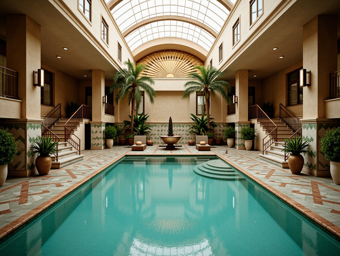 Prompt: Luxurious Art Deco swimming pool, geometric patterned tiles, zigzag borders, ornate fountain, sunburst motifs, chevron-shaped staircases, curved lines, metallic accents, turquoise waters, mosaic floors, ornamental railings, symmetrical composition, shallow depth of field, 1/1 aspect ratio, warm golden lighting, realistic water reflections, ambient occlusion.