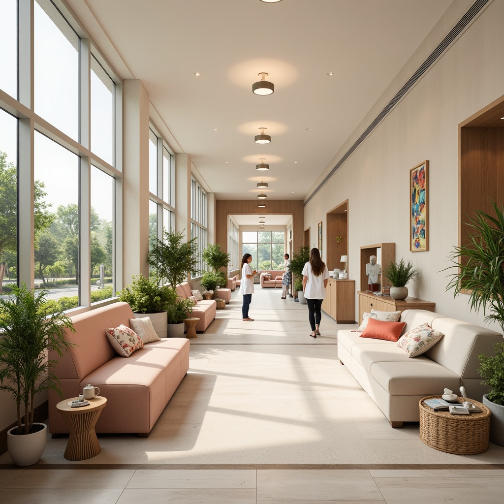 Prompt: Calming healthcare facility, soothing color scheme, gentle pastel hues, creamy whites, warm beige tones, soft peach accents, natural wood textures, subtle patterned flooring, comfortable seating areas, peaceful waiting rooms, serene nurse stations, calming patient rooms, gentle lighting fixtures, warm task lighting, cozy reading nooks, vibrant greenery, lush plants, airy open spaces, modern minimalist architecture, large windows, abundant natural light, shallow depth of field, 3/4 composition, realistic textures, ambient occlusion.