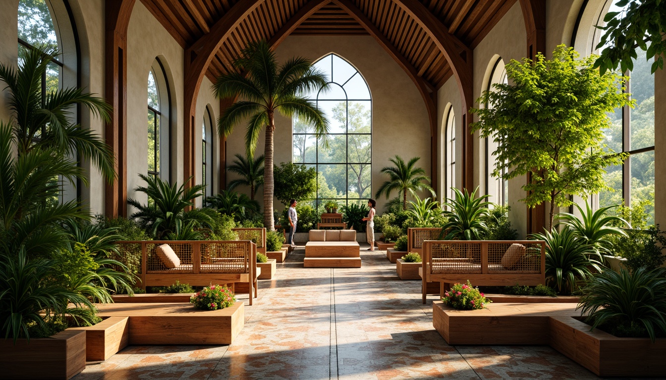 Prompt: Tropical church interior, lush greenery, exotic palm trees, vibrant flower arrangements, natural wood accents, stone walls, stained glass windows, warm soft lighting, shallow depth of field, 3/4 composition, panoramic view, realistic textures, ambient occlusion, colorful ceramic tiles, woven rattan furniture, intricate wooden carvings, ornate metalwork details.