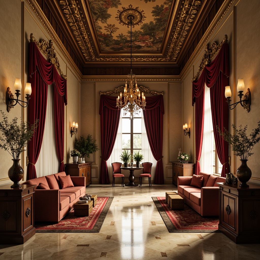 Prompt: Luxurious Renaissance-style interior, rich velvet fabrics, ornate gold accents, warm beige walls, dark wood furnishings, antique bronze hardware, intricate carvings, regal red drapery, soft cream marble floors, vintage tapestries, elegant crystal chandeliers, subtle warm lighting, 1/1 composition, symmetrical layout, realistic textures, ambient occlusion.