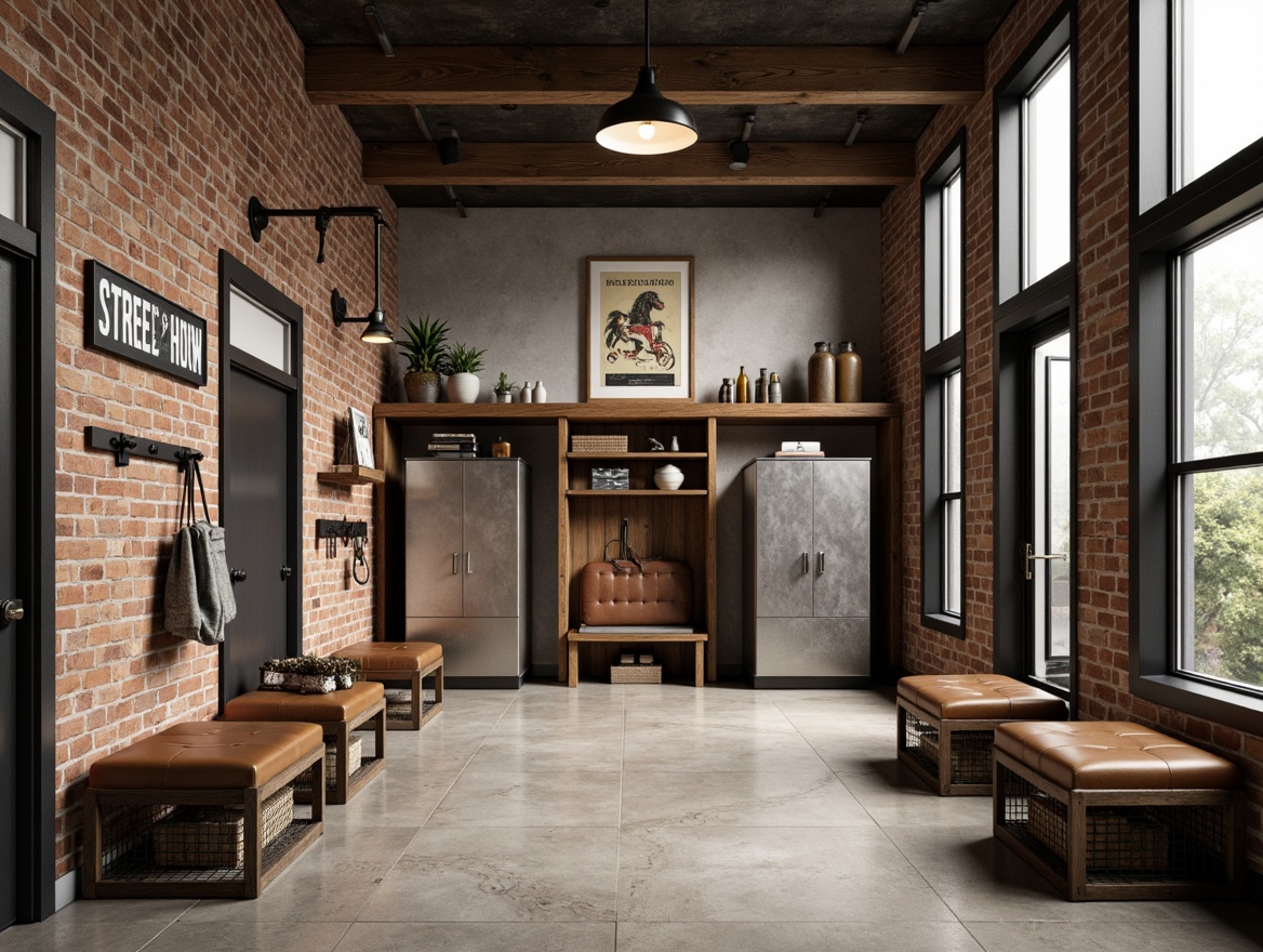 Prompt: Industrial-style mudroom, exposed brick walls, metal beams, reclaimed wood accents, industrial lighting fixtures, galvanized steel storage units, rustic wooden crates, metal mesh shelves, distressed leather benches, vintage-inspired decorative signs, earthy color palette, natural stone flooring, concrete walls, urban loft atmosphere, high ceilings, large windows, soft warm lighting, shallow depth of field, 3/4 composition, realistic textures, ambient occlusion.