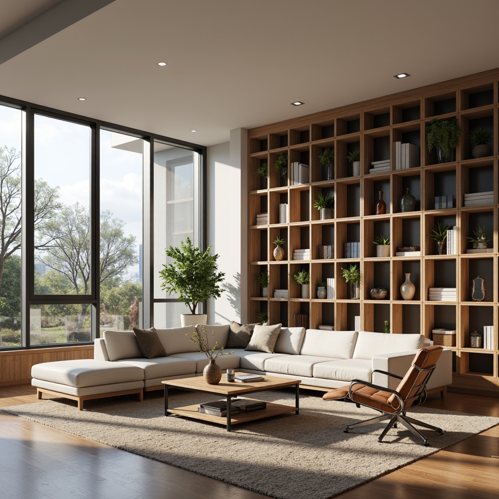 Prompt: Modern living room, sleek sectional sofa, wooden coffee table, minimalist bookshelf, ergonomic office chair, adjustable floor lamp, plush area rug, neutral color palette, natural wood accents, large windows, soft diffused lighting, 3/4 composition, warm cozy atmosphere, inviting textures, subtle geometric patterns.