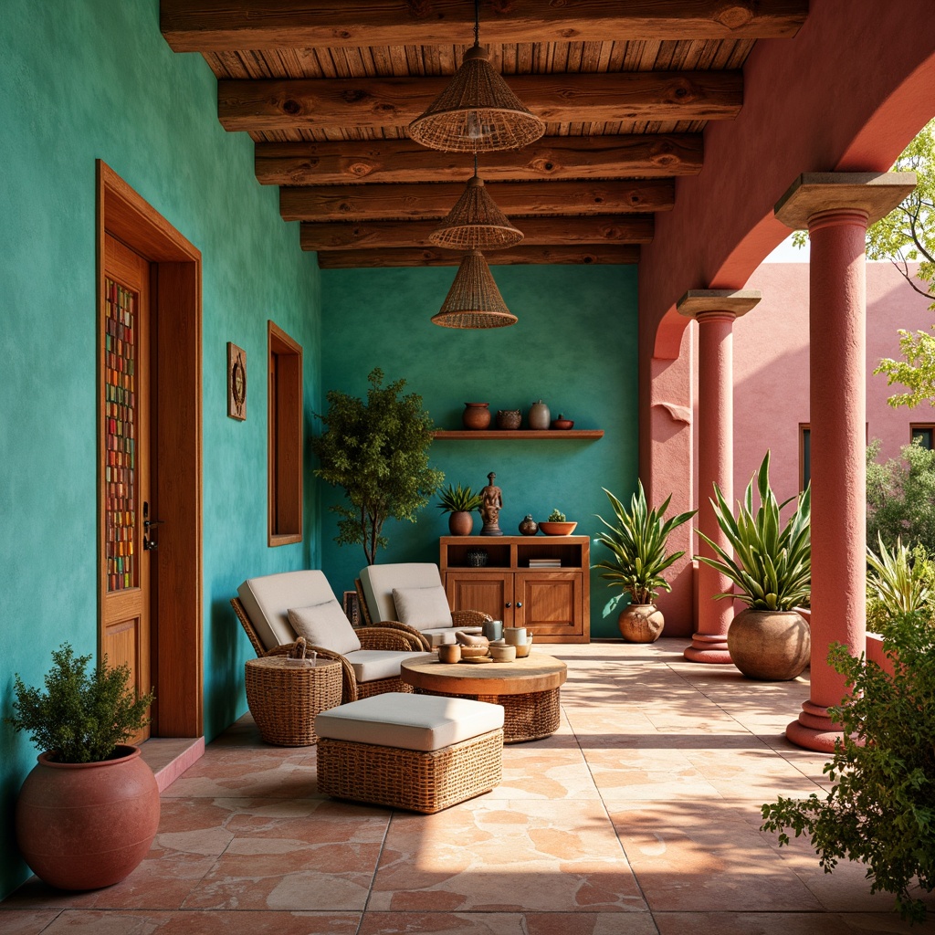 Prompt: Vibrant turquoise walls, earthy adobe floors, rustic wooden accents, colorful Aztec patterns, bold geometric shapes, warm desert sand tones, deep crimson columns, metallic copper details, lively terracotta tiles, natural stone textures, southwestern botanicals, cacti plants, sunny day ambiance, soft warm lighting, shallow depth of field, 3/4 composition, panoramic view, realistic reflections, ambient occlusion.