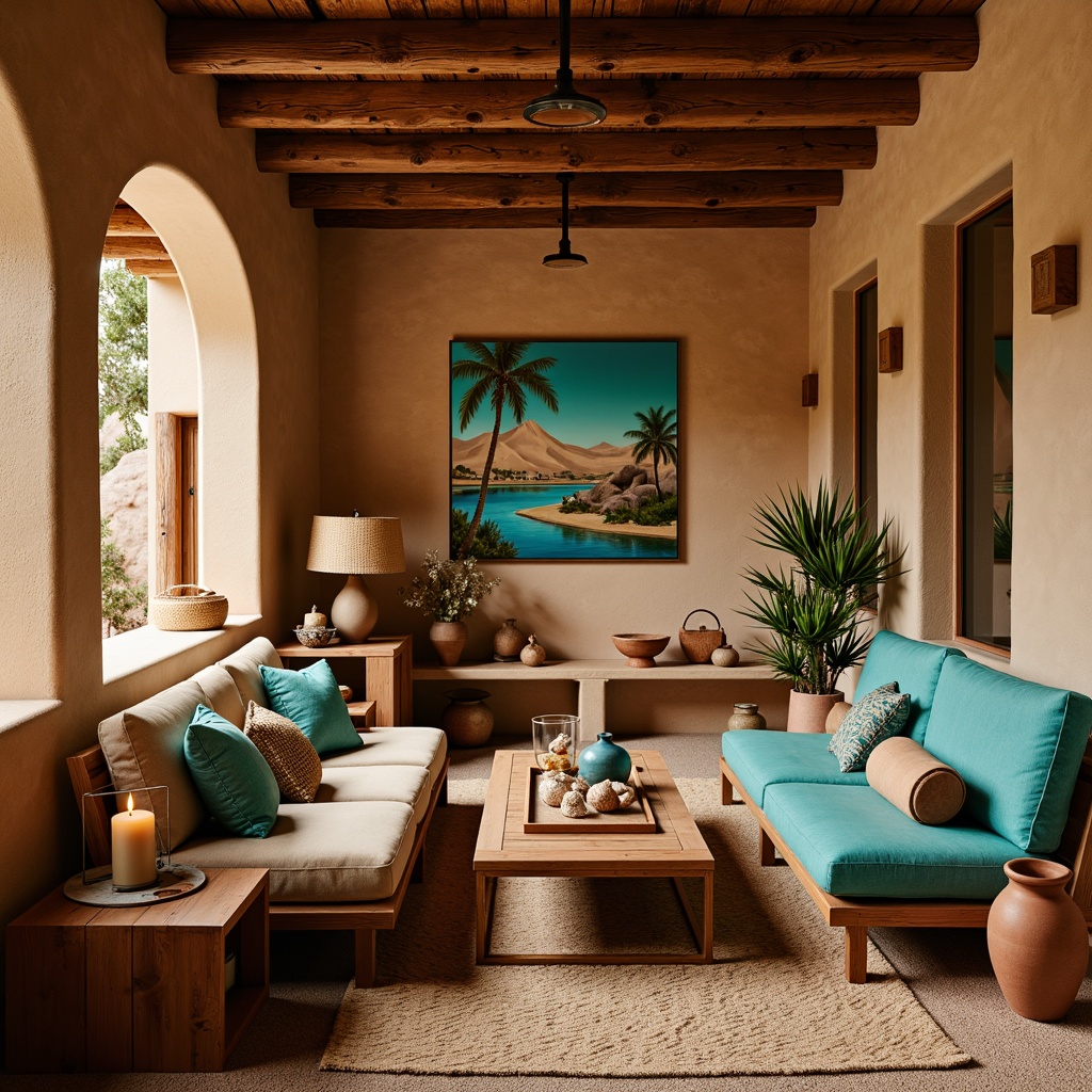 Prompt: Southwestern interior, warm earthy tones, rustic wooden accents, vibrant turquoise hues, natural woven textiles, woven baskets, clay pottery, desert-inspired artwork, soft warm lighting, table lamps with rattan shades, floor lamps with terra cotta bases, pendant lights with wrought iron details, candlelight ambiance, warm beige walls, sandy floors, adobe-style architecture, arched windows, rustic wooden beams, cozy nooks, plush furniture upholstery, natural fiber rugs, warm-toned wood furniture, ambient occlusion, shallow depth of field, 3/4 composition, realistic textures.