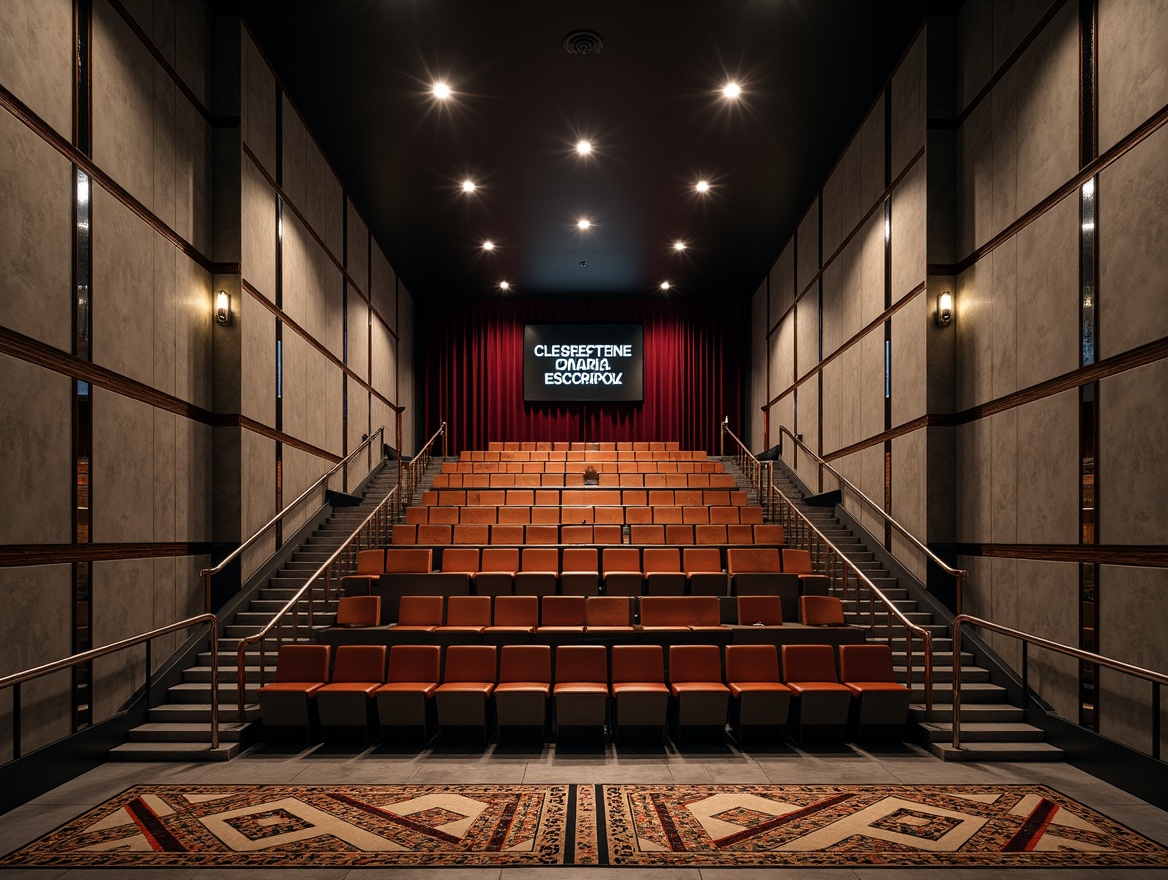 Prompt: Industrial-chic cinema interior, exposed concrete walls, polished chrome accents, minimalist wooden seats, luxurious velvet curtains, geometric-patterned rugs, sleek metallic handrails, bold typography signage, dramatic spotlights, high-contrast color scheme, atmospheric fog effects, cinematic widescreen format, 2.35