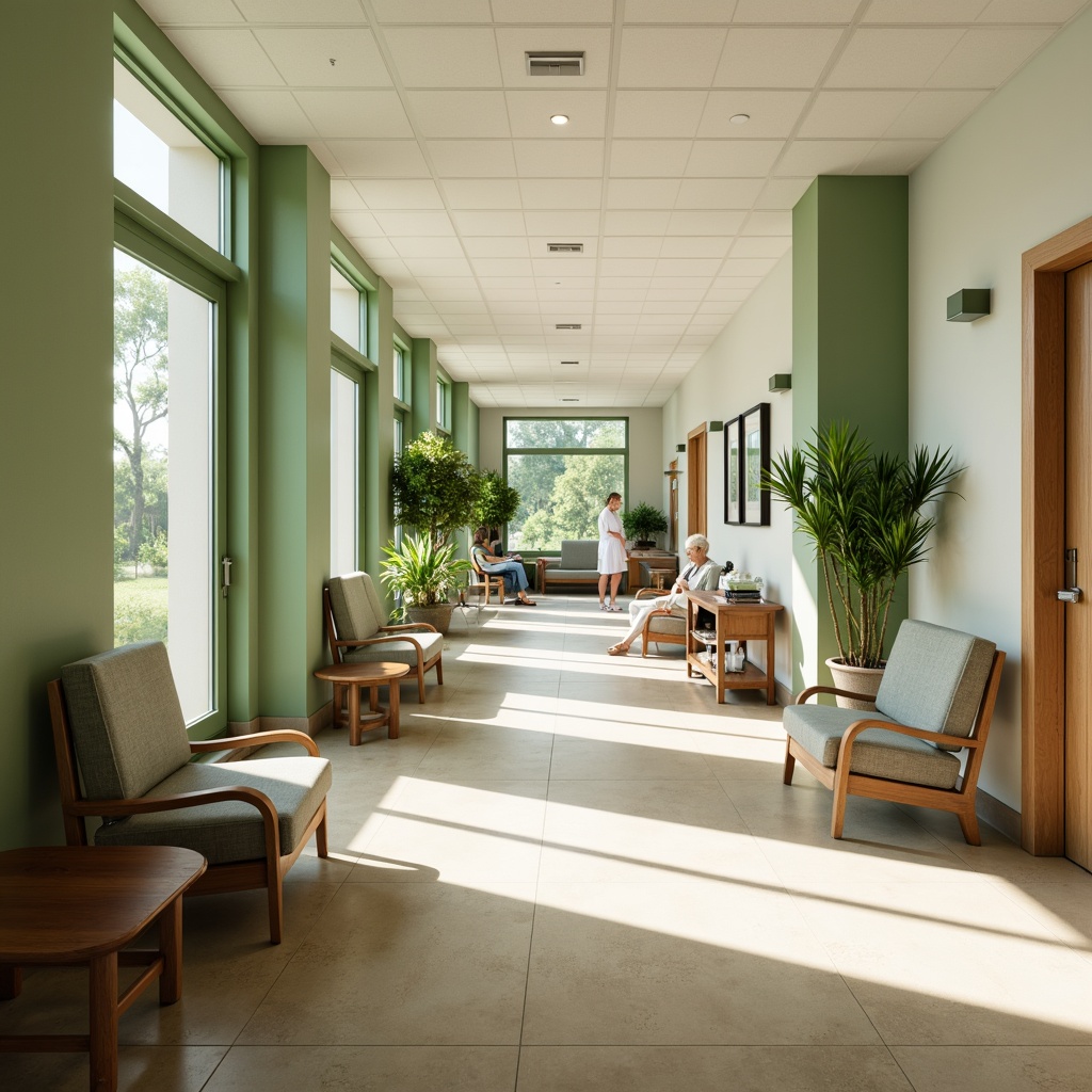 Prompt: Sleek hospital corridors, calming green walls, warm beige floors, comfortable waiting area furniture, ergonomic chairs, sturdy wooden tables, soothing plants, natural light pouring in, soft diffused lighting, gentle color scheme, minimalist decor, sanitary surfaces, easy-to-clean materials, durable medical equipment, adjustable examination tables, comfortable patient beds, peaceful artwork, acoustic panels, noise-reducing design, spacious nurse stations, efficient storage solutions, wheelchair-accessible pathways, senior-friendly furniture.