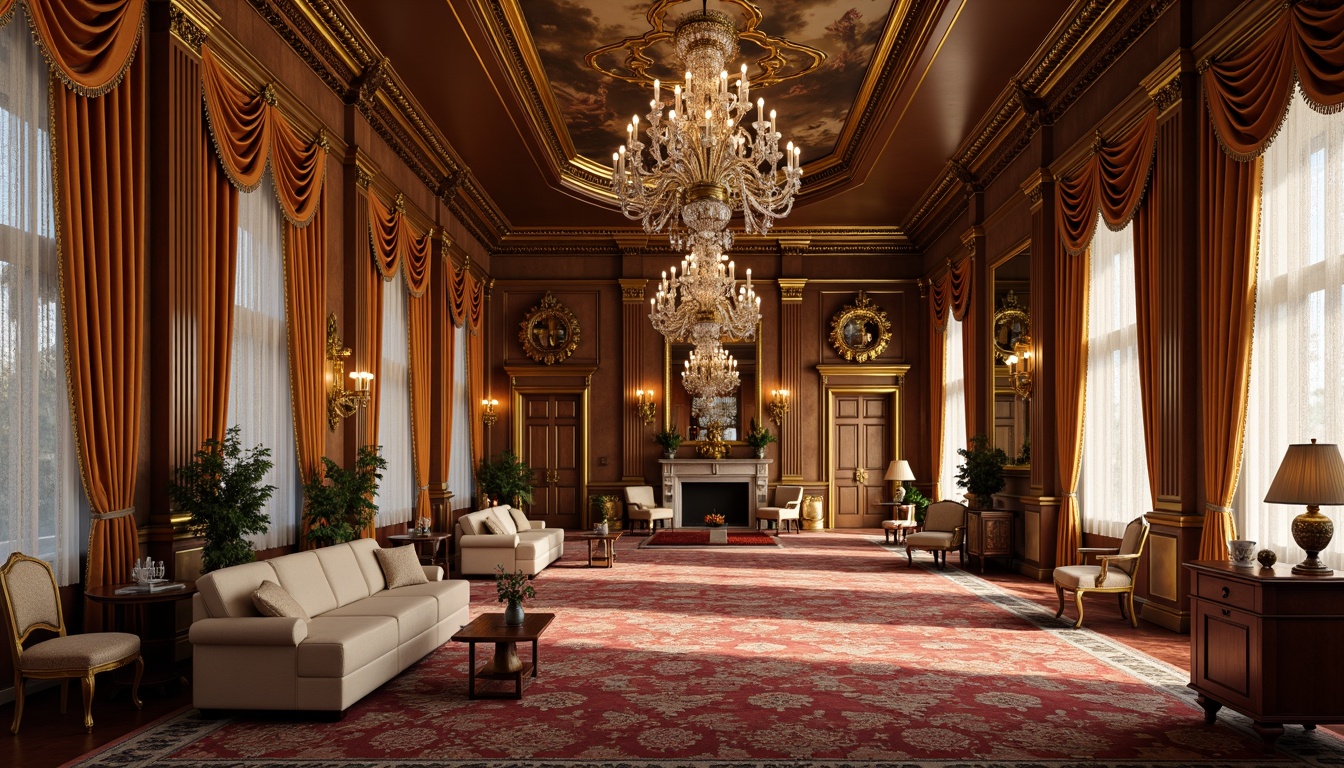 Prompt: Luxurious velvet drapes, ornate gold leafing, crystal chandeliers, intricate wooden paneling, carved marble fireplaces, polished bronze hardware, stately columns, grandiose ceiling murals, richly patterned rugs, lavish silk upholstery, delicate lace curtains, warm golden lighting, soft focus photography, 1/1 composition, symmetrical framing, highly detailed textures, subtle ambient occlusion.